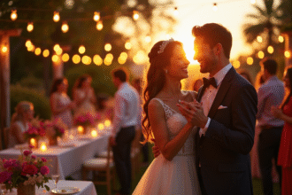 Réception de mariage en plein air au coucher du soleil avec danseurs