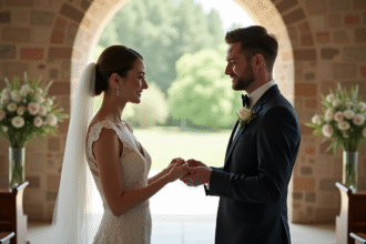 Jeune couple échangeant des alliances dans une chapelle lumineuse