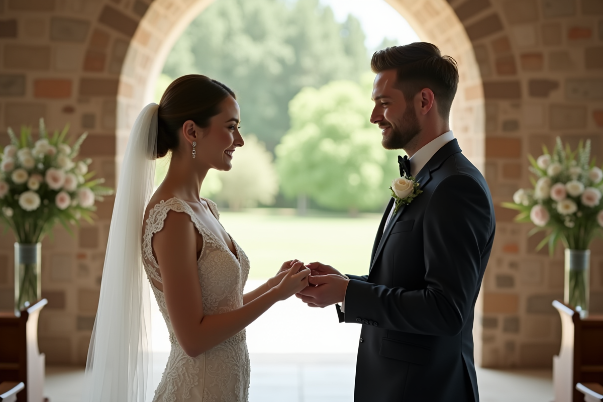 Jeune couple échangeant des alliances dans une chapelle lumineuse