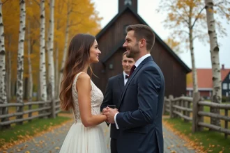 Couple franco-danois échangeant leurs vœux devant une église traditionnelle danoise en bois entourée de bouleaux dorés en automne