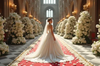 Mariée en robe de bal ivoire dentelle devant une cathédrale ornée de roses blanches lors d'un mariage extravagant de style Kim Kardashian
