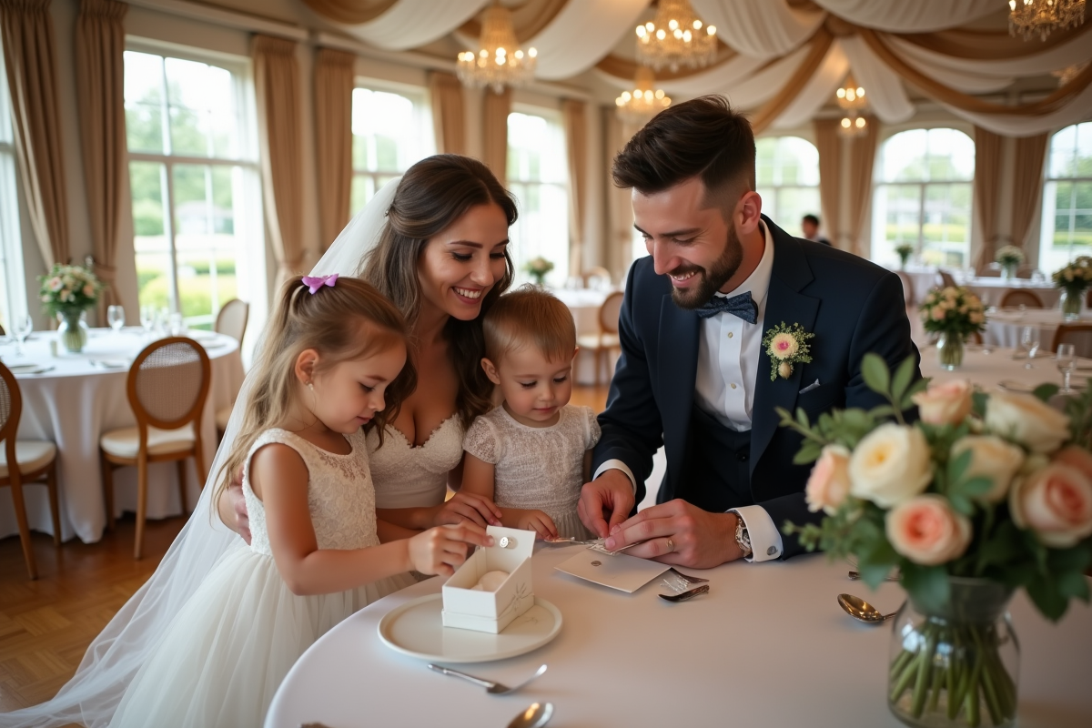 Jeune couple organisant des cadeaux de mariage avec enfants en intérieur