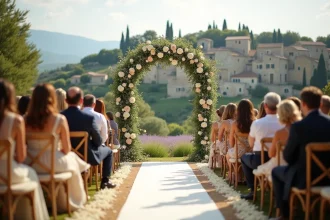 Cérémonie de mariage en plein air dans le Luberon avec le village de Gordes en arrière-plan