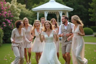 Groupe de jeunes et familles lors d'un jeu de mariage en plein air