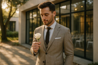 Homme marié en costume beige moderne lors d'un mariage