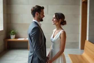 Jeune couple marié dans une mairie minimaliste