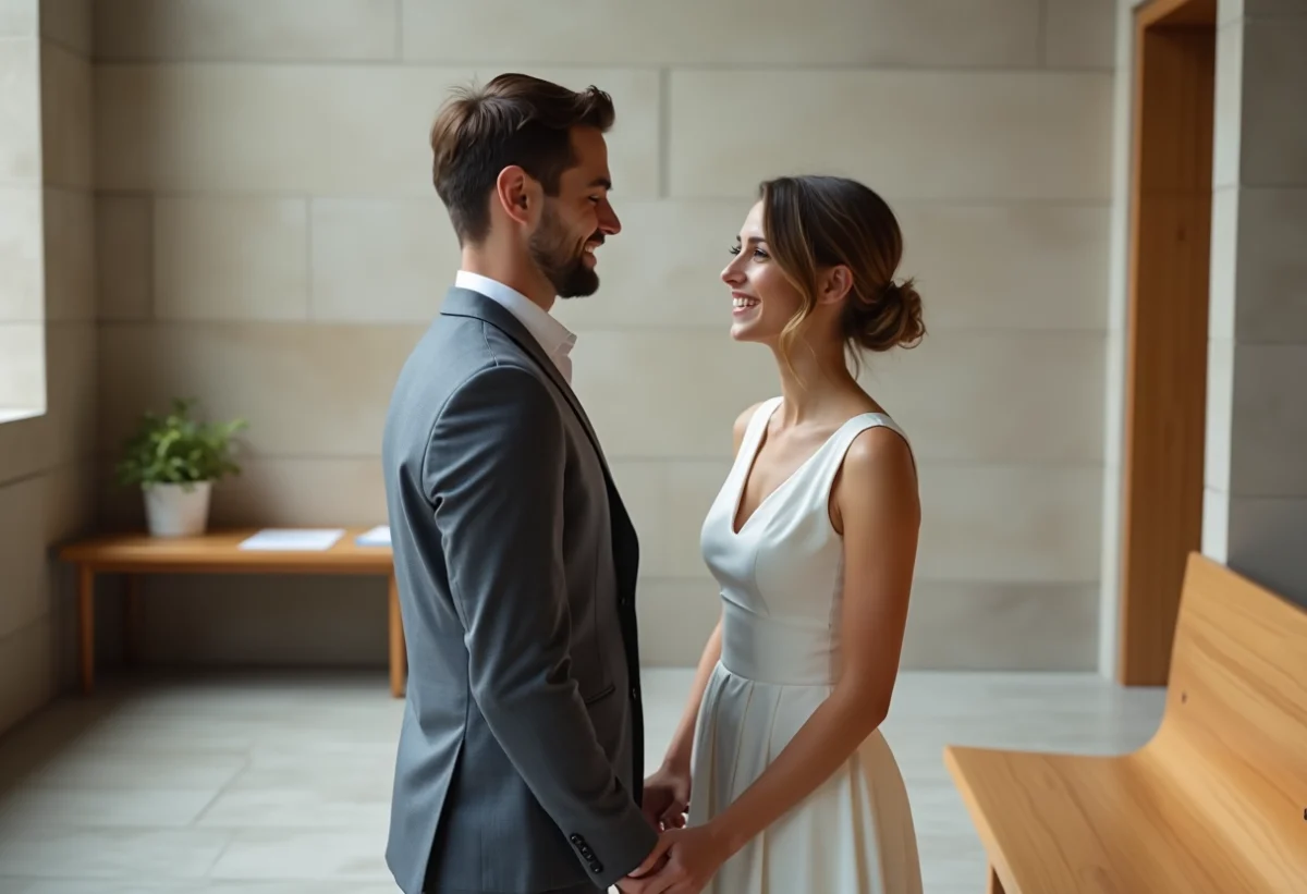 Jeune couple marié dans une mairie minimaliste