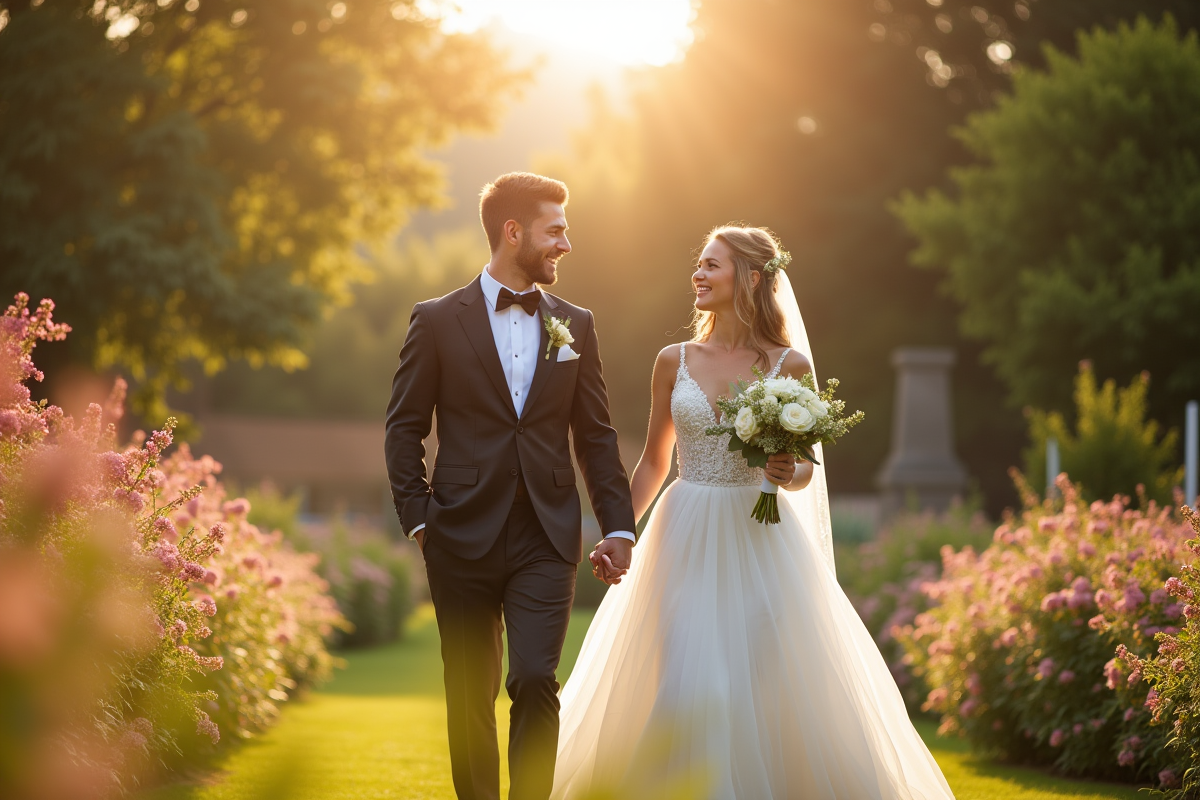 Jeune couple de mariés dans un jardin ensoleille