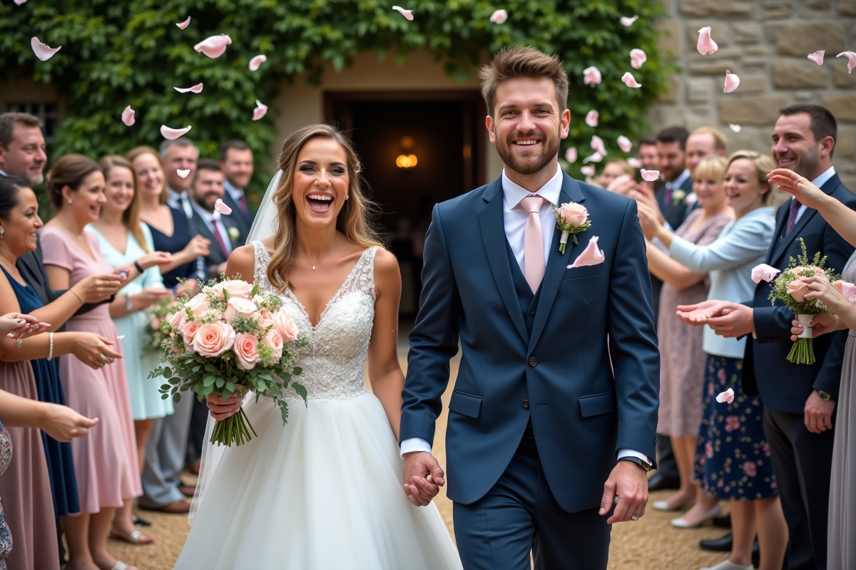Jeune couple de mariés souriants sous des pétales de fleurs