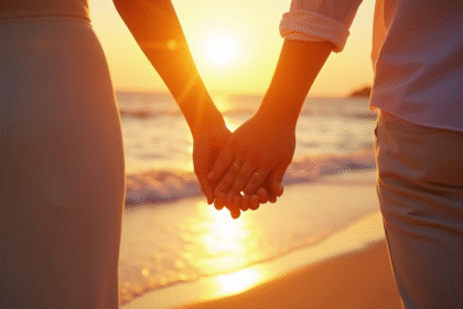 Couple de jeunes mariés main dans la main sur la plage au coucher du soleil