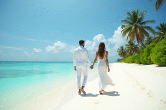 Jeune couple marié main dans la main sur une plage aux Maldives