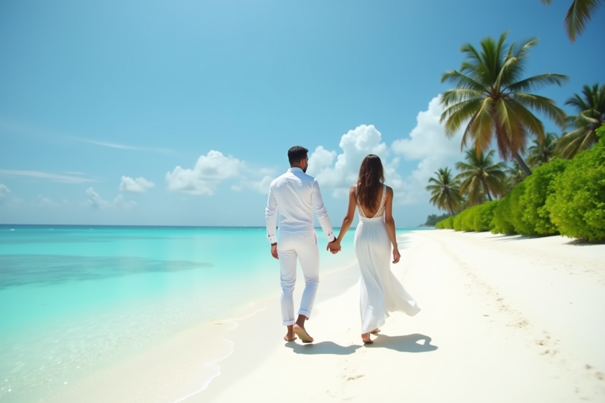 Jeune couple marié main dans la main sur une plage aux Maldives