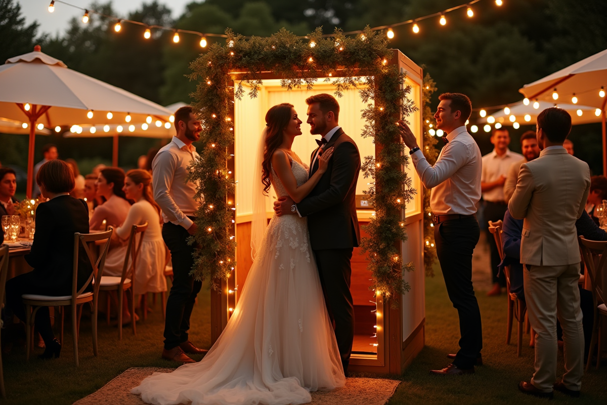 Réception de mariage en plein air au coucher de soleil