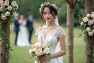 Jeune mariée en robe de dentelle avec bouquet pastel