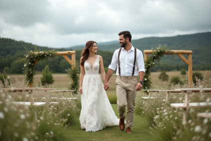 Jeune couple marié dans un champ de fleurs sauvages
