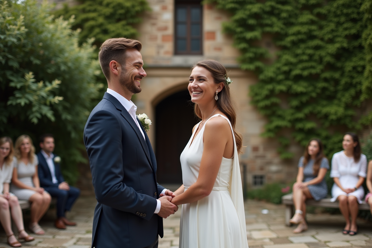 Jeune couple marié devant une vieille chapelle en Europe