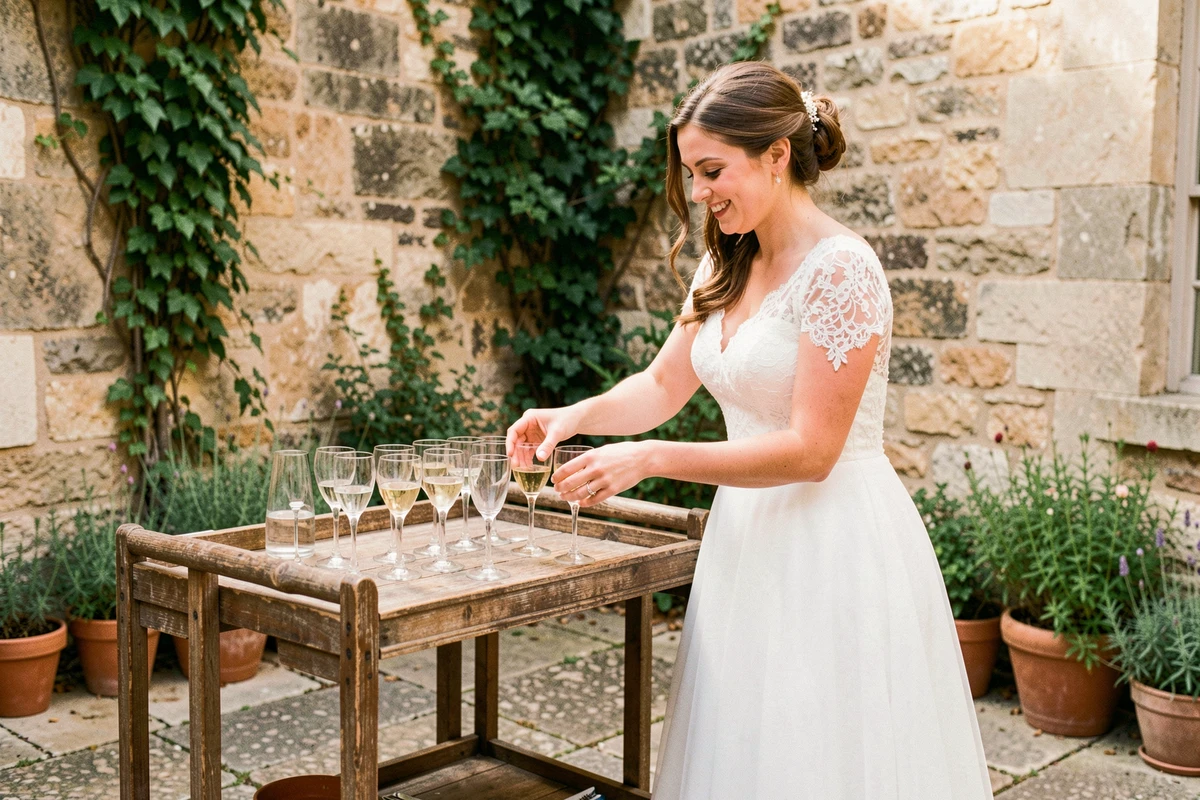 Mariée souriante arrangeant des flûtes sur un chariot en bois DIY lors d'un vin d'honneur mariage économique dans une cour en pierre