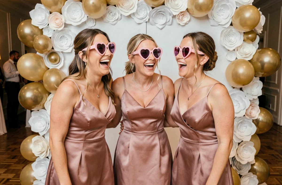 Mariée et demoiselles d'honneur portant des lunettes coeur roses devant un photobooth de mariage décoré