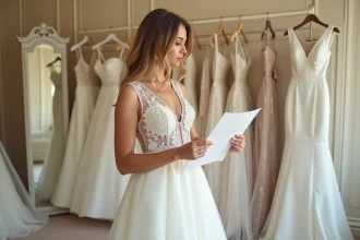 Mariée en robe de mariage ivoire tenant un devis dans une boutique de mariage avec miroir et voiles en arrière-plan