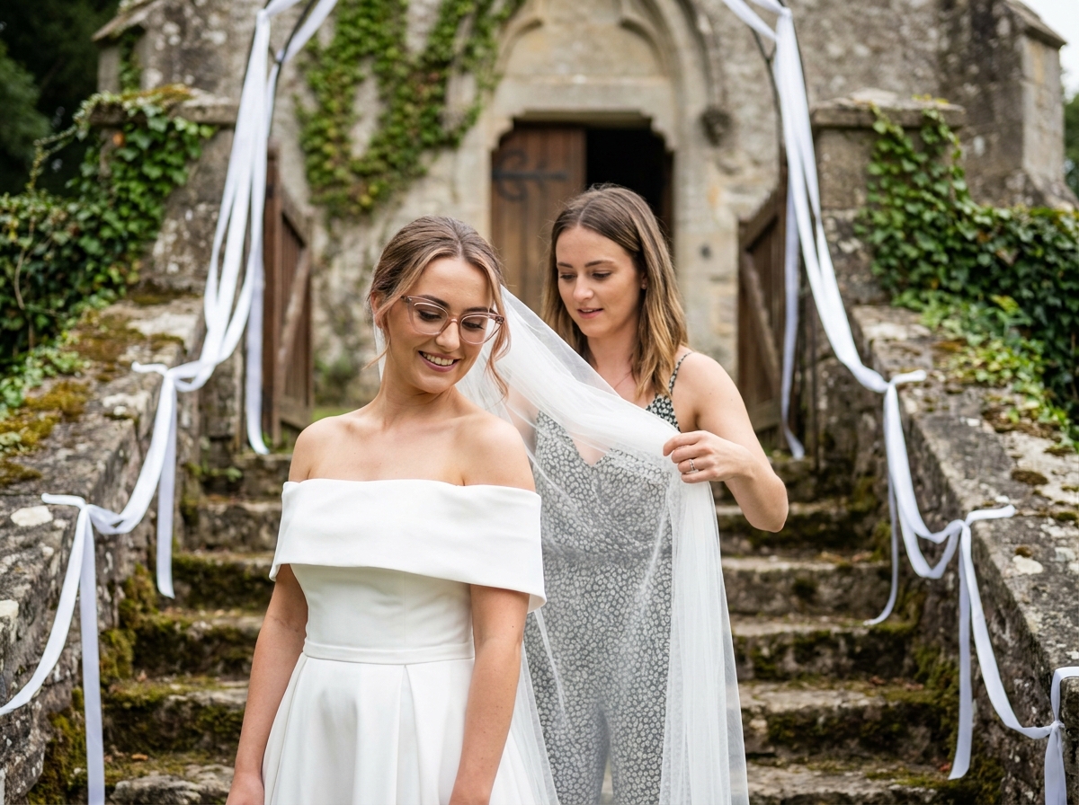 Mariée portant des lunettes papillon transparentes devant une chapelle en pierre avec une amie arrangeant son voile