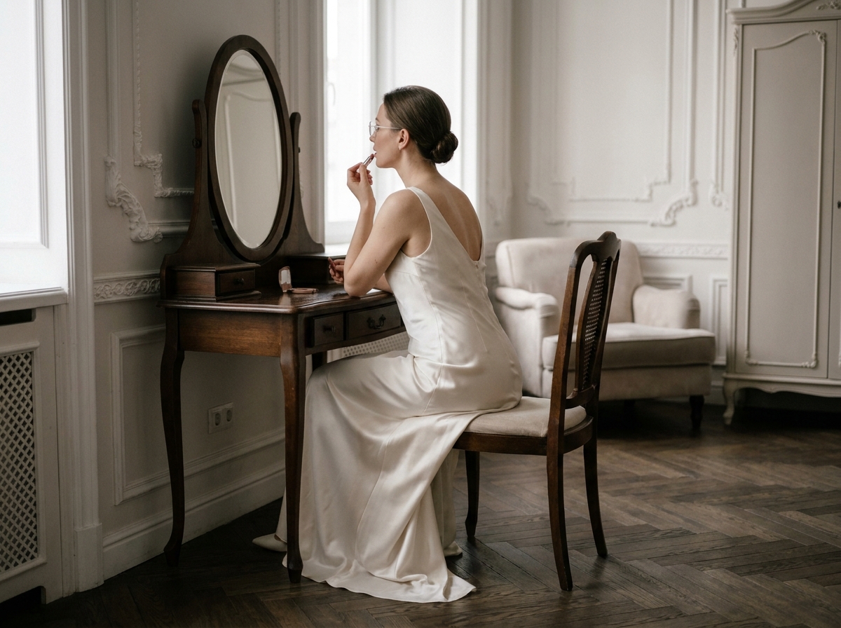 Mariée avec lunettes sans monture se préparant devant un miroir vintage dans une suite nuptiale élégante