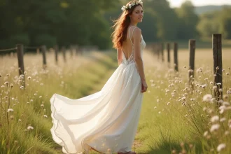 Mariée en robe bohème en dentelle flottant dans une prairie de fleurs sauvages lors d'une séance photo champêtre