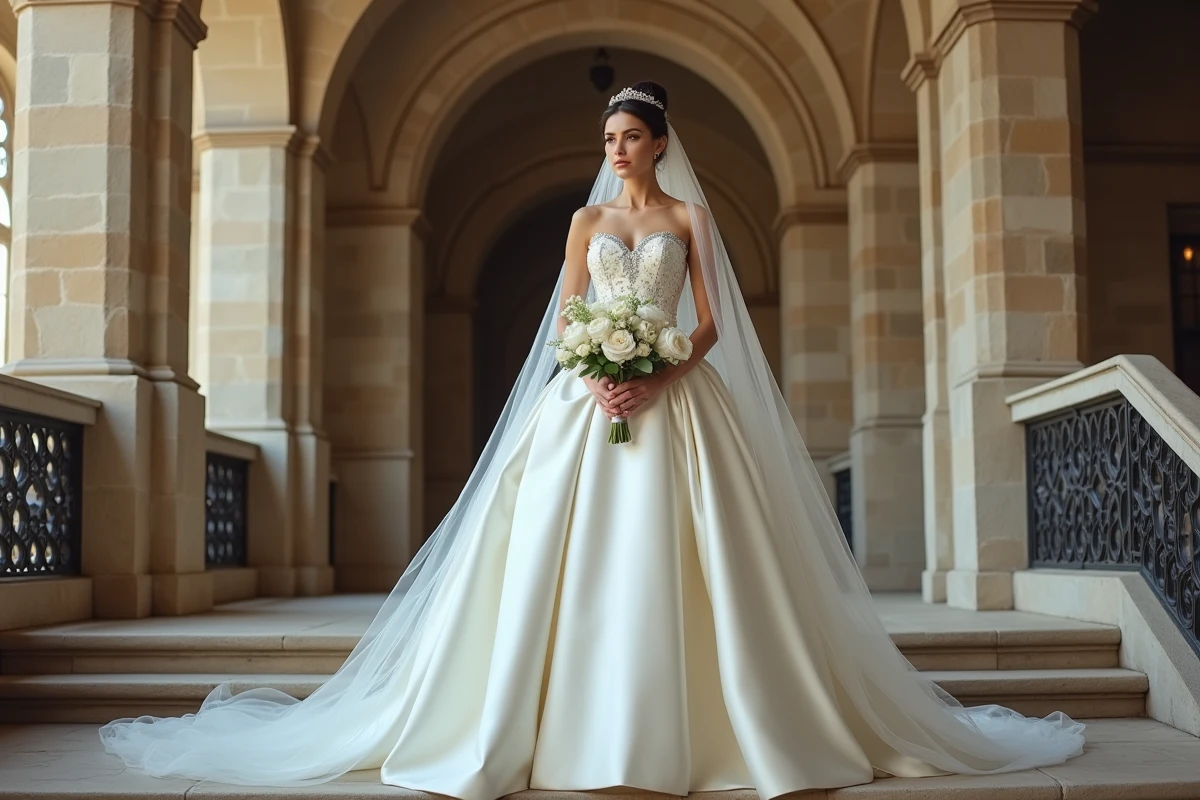 Mariée en robe de princesse en satin ivoire avec voile cathédrale au sommet d'un grand escalier de château