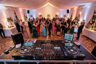 DJ de mariage professionnel en performance dans une salle de réception élégante du Nord avec une piste de danse animée