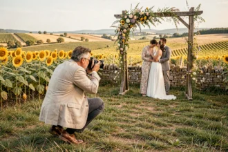 Photographe de mariage en action dans la campagne de Nouvelle-Aquitaine, capturant un couple lors d'une cérémonie en plein air parmi les vignes et les tournesols