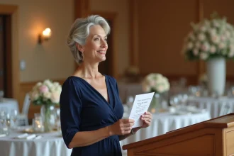 Mère de la mariée émue qui prononce un discours de mariage à un pupitre lors de la réception