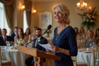 Mère de la mariée prononçant un discours émouvant lors d'une réception de mariage dans une salle élégamment décorée