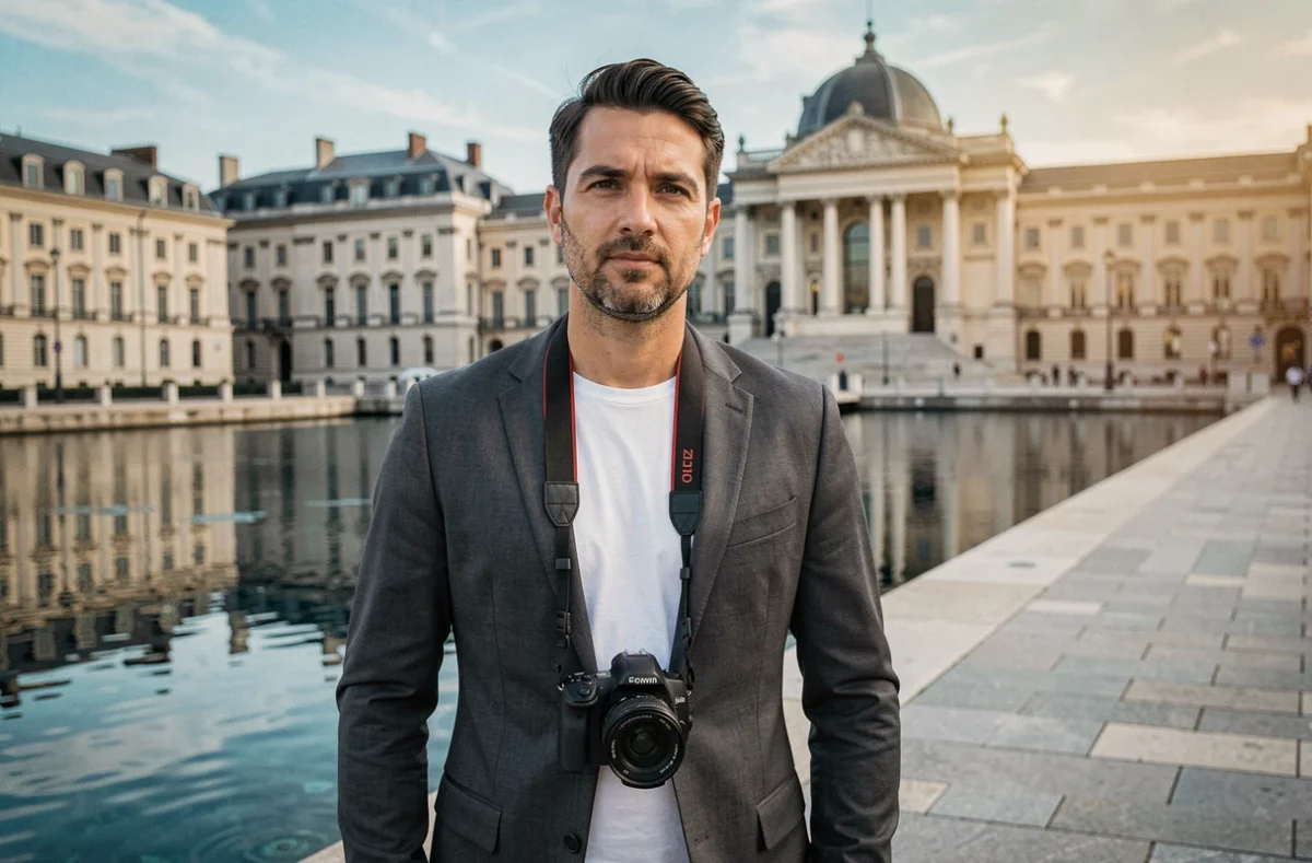Nicolas Duffaure, photographe de mariage à Bordeaux, posant sur les quais de la Garonne avec le Miroir d'eau et la Place de la Bourse en arrière-plan