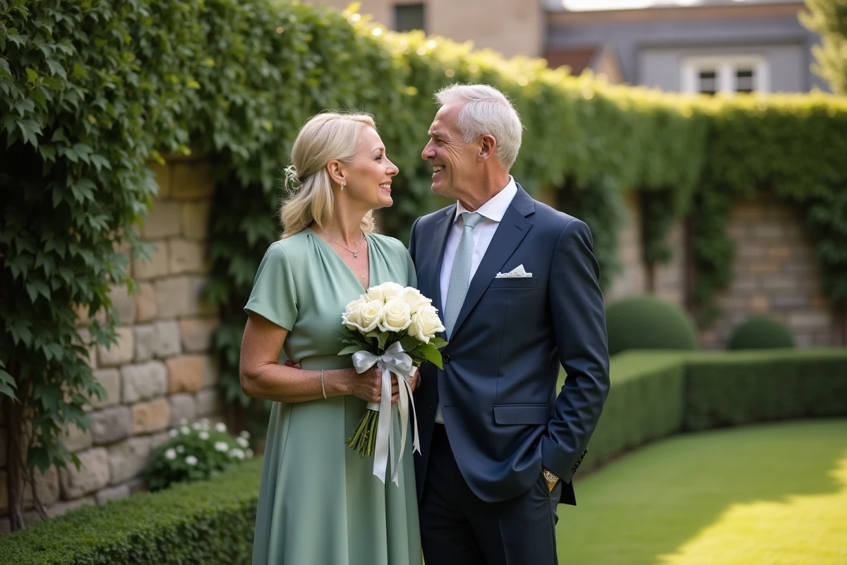 Couple célébrant leurs noces d'argent dans un jardin fleuri avec un bouquet de roses blanches et rubans argentés