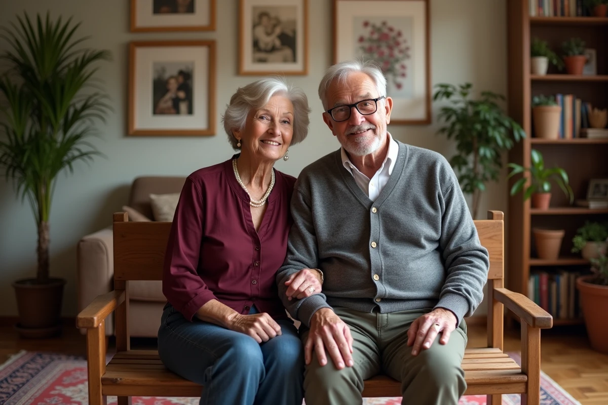 Couple âgé assis devant un mur de souvenirs de mariage dans un salon chaleureux évoquant des décennies de vie commune