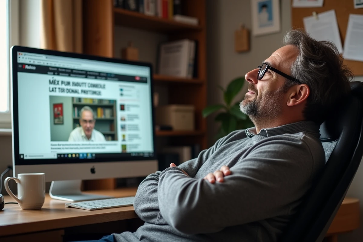 Homme lisant un article satirique de Nordpresse sur un écran d'ordinateur dans un bureau à domicile, symbolisant la propagation des fausses nouvelles en ligne