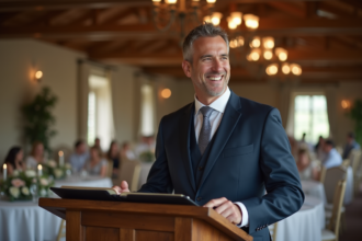 Officiant de mariage souriant dans un cadre intérieur chaleureux