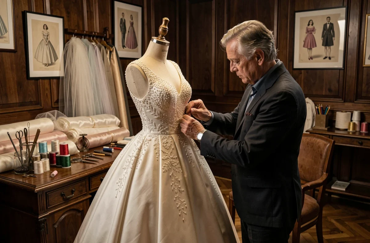 Maître couturier Olivier Sinic brodant à la main des perles sur une robe de mariée haute couture dans son atelier de Verlinghem