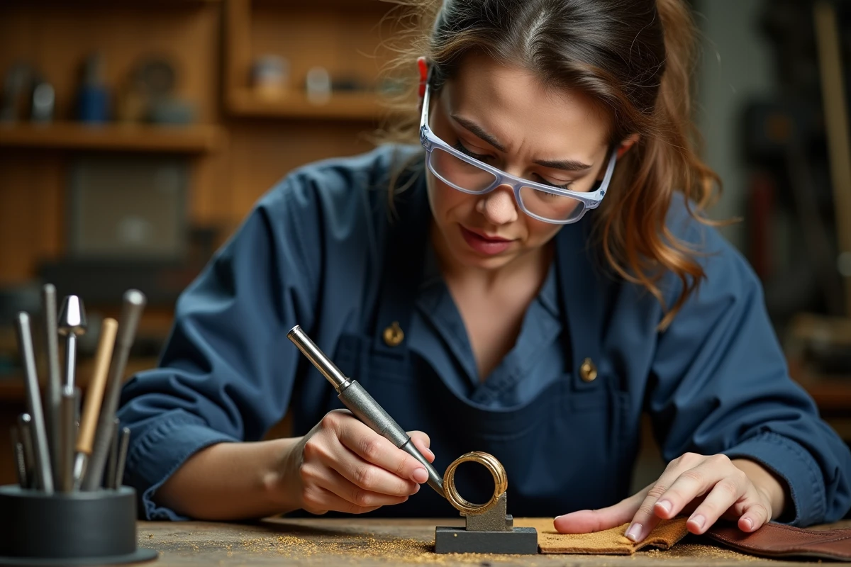 Orfèvre femme travaillant la monture d'une bague de fiançailles en or dans son atelier