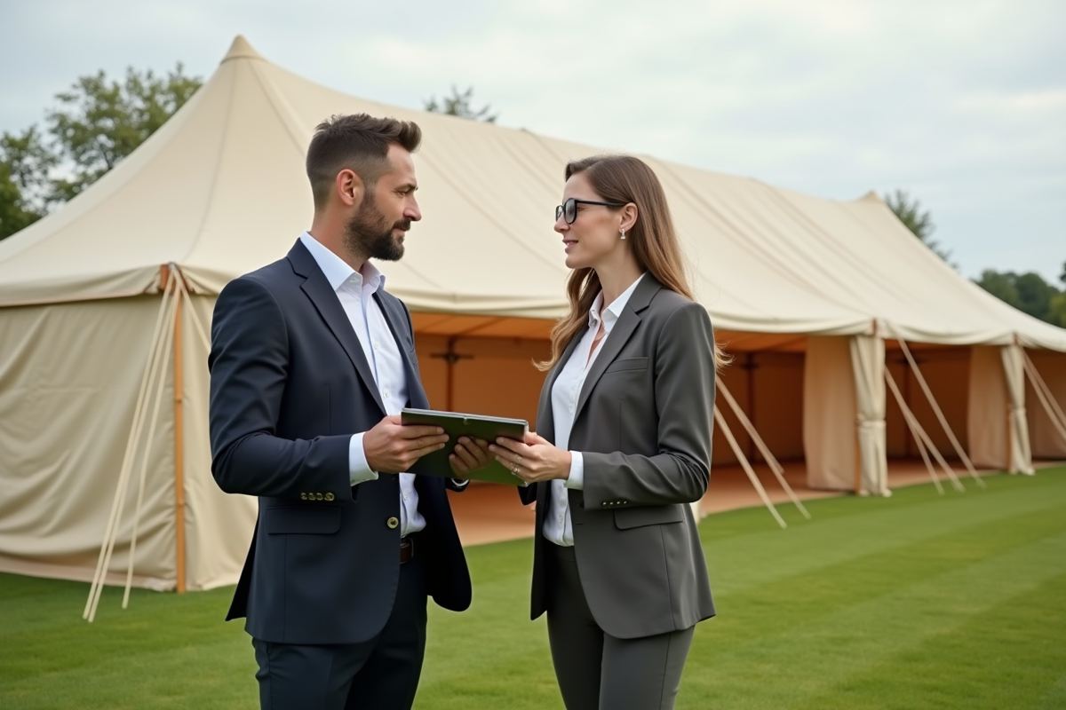 Organisateurs planifiant devant une grande tente de réception