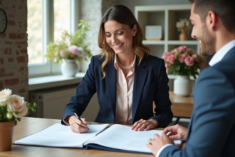 Une organisatrice de mariage souriante dans un bureau lumineux