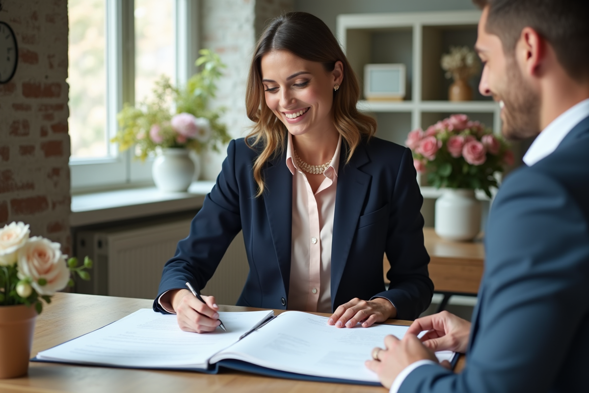 Une organisatrice de mariage souriante dans un bureau lumineux