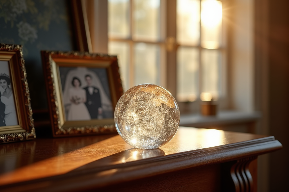 Ornement en cristal gravé avec photos de mariage anciennes