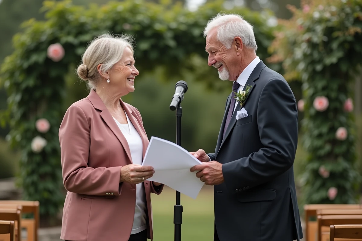 Parents de la mariée côte à côte prononçant ensemble un discours émouvant lors d'un mariage en plein air