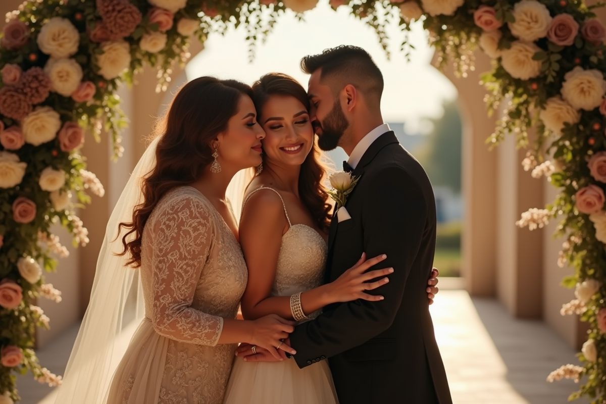 Parents embrassant la mariée à l