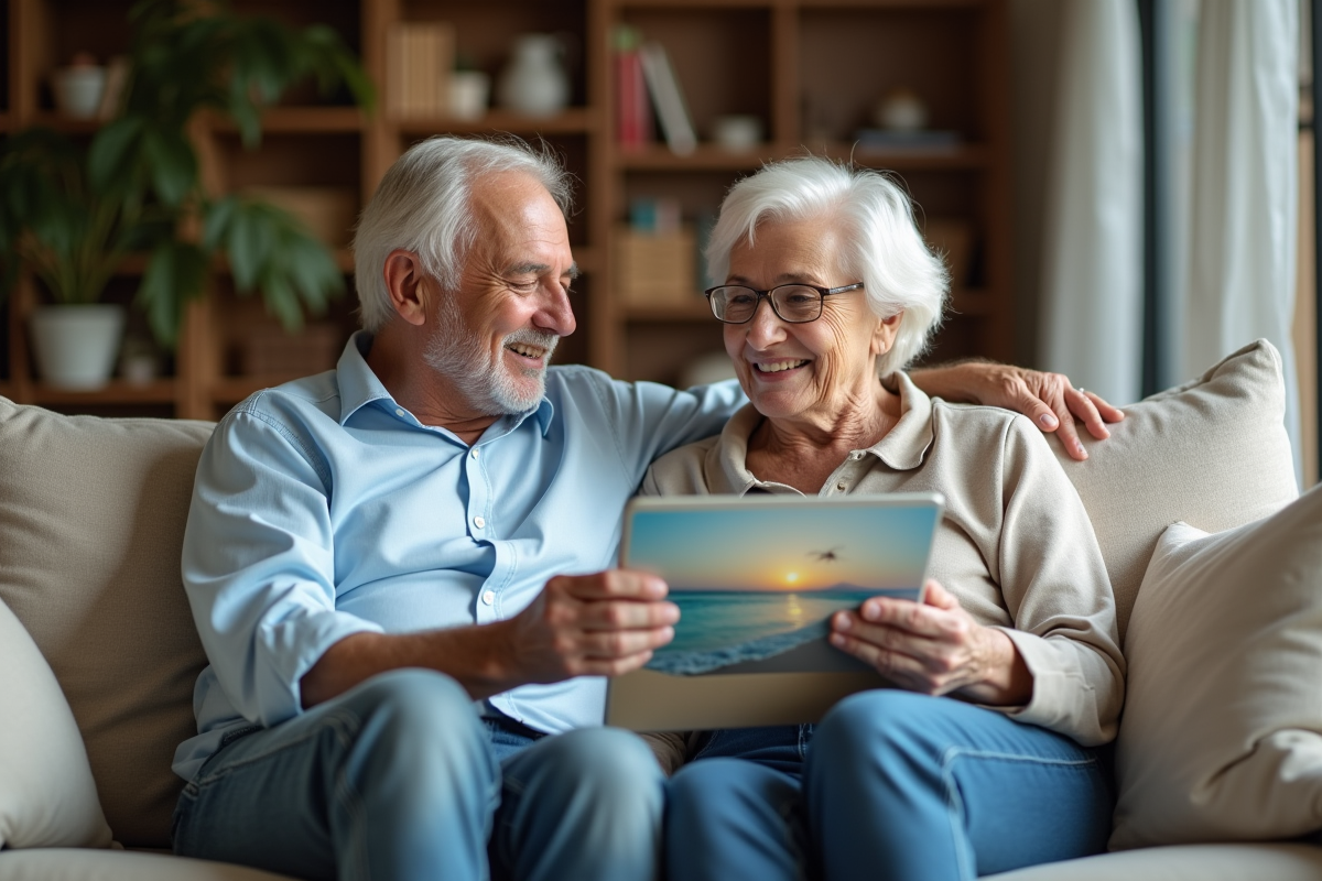 Parents discutant à la maison avec un ordinateur et une enveloppe cadeau
