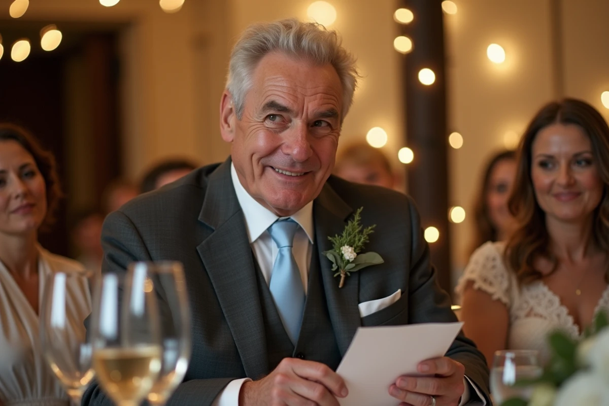 Père de la mariée ému tenant son discours de mariage assis à la table de réception