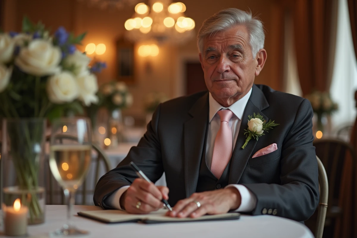 Père du marié préparant son discours de mariage assis à une table de réception avec un carnet de notes