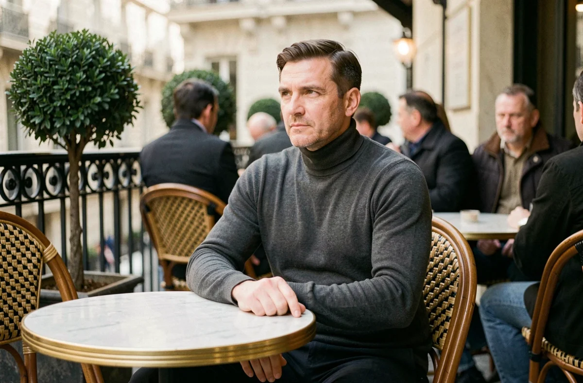 Homme discret attablé en terrasse de brasserie parisienne, portrait éditorial contemplatif