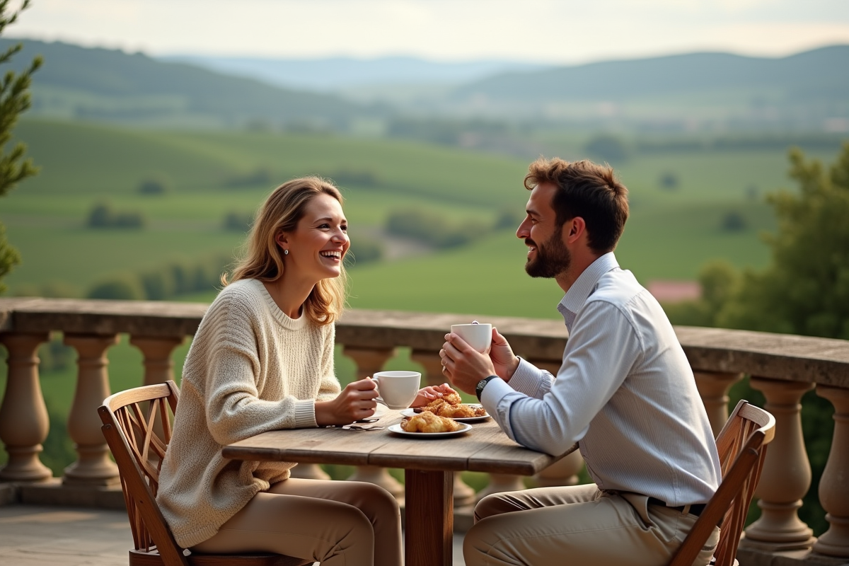 Jeune couple dégustant un petit déjeuner à la campagne
