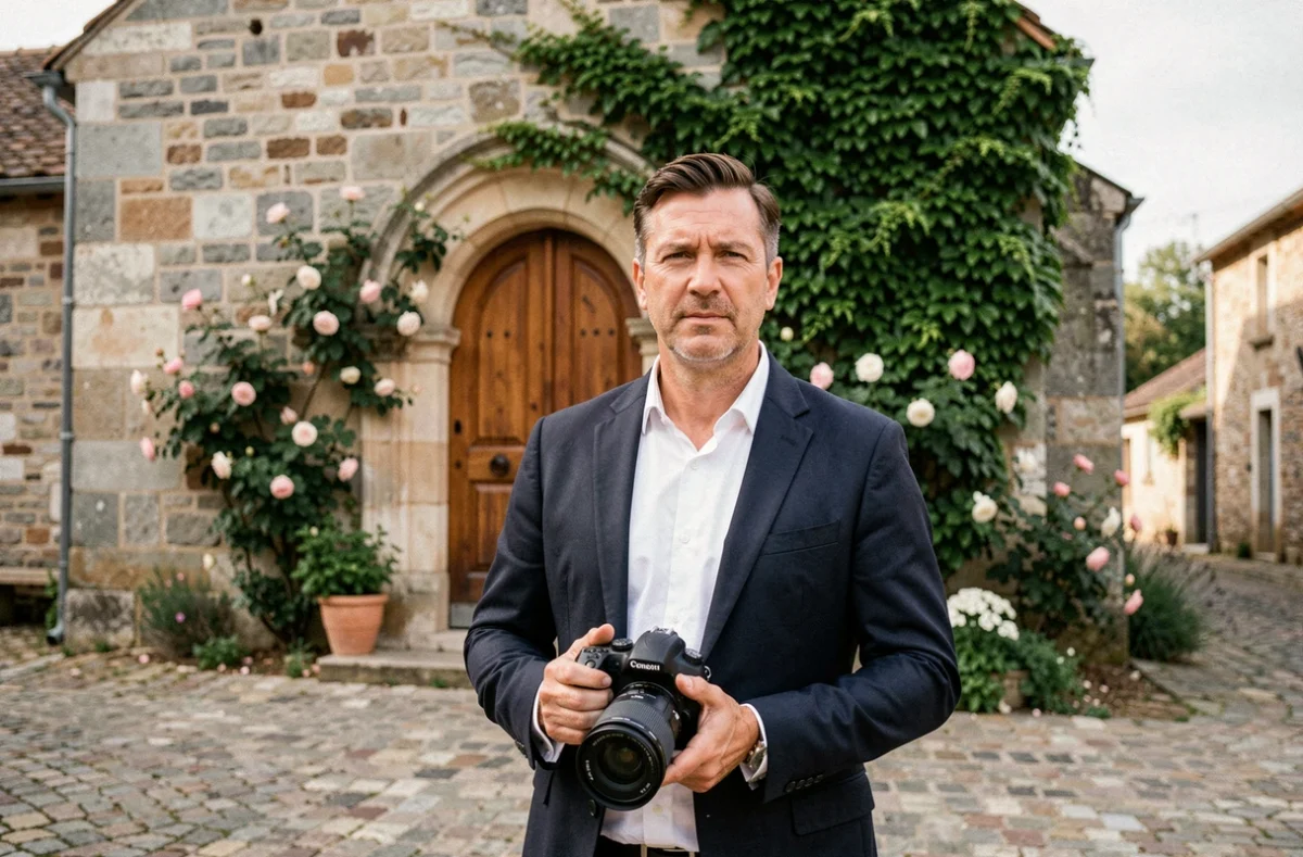Petrica Tanase, photographe de mariage en Nouvelle-Aquitaine, devant une église en pierre typique de la région avec son appareil photo